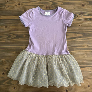 Hanna Andersson Kids Dress Lavender/Gray Gold Star Tulle Skirt Cotton Size 110